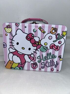 Hello Kitty Sanrio Pink and White Striped Tin Lunchbox